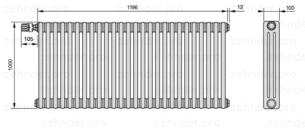 Схема (чертеж) Радиатор Zehnder Charleston 3100/26 №V012 Белый глянцевый RAL 9016